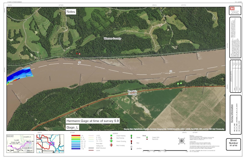 Example of survey results on Missouri River chart compiled on Oct. 6, 2020 and available at https://www.nwk.usace.army.mil/Missions/Civil-Works/Navigation/ [on the right hand side, scroll down the screen]. The surveys are also emailed out to navigators on a distribution list for the daily boat reports. Each survey is titled as to the portion of the river that was surveyed.

You can also put a shortcut on your phone to a web app at: www.nwk.usace.army.mil/navigation which gives shortcuts to the most-use reports relating to the river and our reservoirs including a link to the most recent surveys. Both Apple and Android have our downloadable app for phones or other mobile devices at the appropriate app store. Searc¬h for “USACE Kansas City District”.
