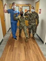 Members of the 15th Medical Group’s MEDWERX team, Staff Sgt. Scott Thies, 15th MDG Pediatrics non-commissioned officer in charge, Capt. Durnay Stacy, 15th MDG pediatric nurse manager, and Tech. Sgt. Joel Polintan, 15th MDG Medical Support Squadron non-commissioned officer in charge, combine to form the medical group’s innovation hub at the 15th MDG, Joint Base Pearl Harbor-Hickam, Hawaii, Oct. 28, 2020. The MEDWERX team provides medical Airmen with the guidance and support to transform innovative ideas into reality. (U.S. Air Force photo by 2nd Lt. Benjamin Aronson)