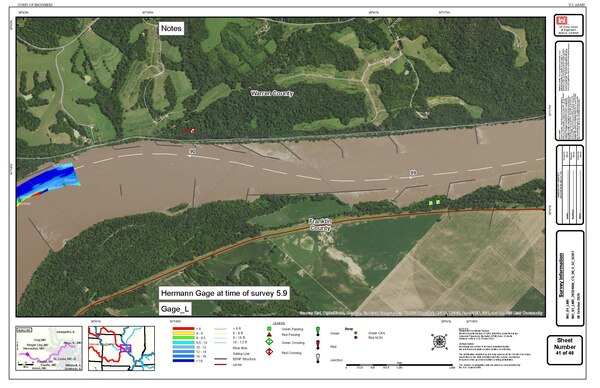 Example of survey results on Missouri River chart compiled on Oct. 6, 2020 and available at https://www.nwk.usace.army.mil/Missions/Civil-Works/Navigation/ [on the right hand side, scroll down the screen]. The surveys are also emailed out to navigators on a distribution list for the daily boat reports. Each survey is titled as to the portion of the river that was surveyed.

You can also put a shortcut on your phone to a web app at: www.nwk.usace.army.mil/navigation which gives shortcuts to the most-use reports relating to the river and our reservoirs including a link to the most recent surveys. Both Apple and Android have our downloadable app for phones or other mobile devices at the appropriate app store. Searc¬h for “USACE Kansas City District”.