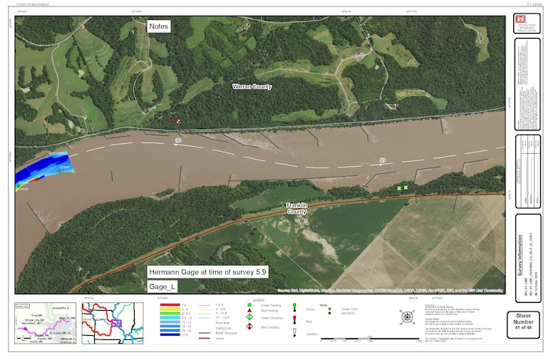 Example of survey results on Missouri River chart compiled on Oct. 6, 2020 and available at https://www.nwk.usace.army.mil/Missions/Civil-Works/Navigation/ [on the right hand side, scroll down the screen]. The surveys are also emailed out to navigators on a distribution list for the daily boat reports. Each survey is titled as to the portion of the river that was surveyed.

You can also put a shortcut on your phone to a web app at: www.nwk.usace.army.mil/navigation which gives shortcuts to the most-use reports relating to the river and our reservoirs including a link to the most recent surveys. Both Apple and Android have our downloadable app for phones or other mobile devices at the appropriate app store. Searc¬h for “USACE Kansas City District”.