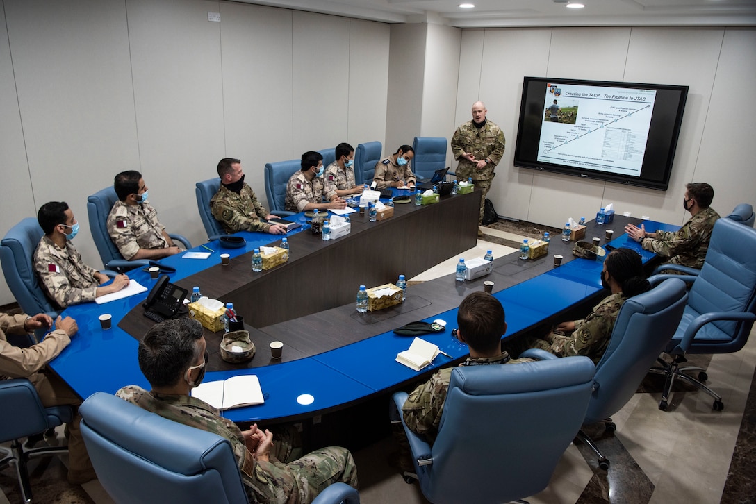 U.S. Air Force Tech. Sgt. Chase Beck, U.S. Air Forces Central Tactical Air Control Party specialist, gives a brief about his career field to Qatar Emiri Air Force members at Al Udied Air Base, Qatar, Oct. 22, 2020.