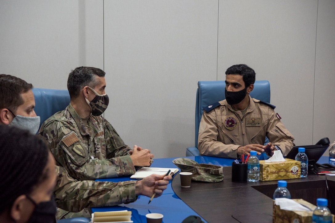 U.S. Air Force Tech. Sgt. Chase Beck, U.S. Air Forces Central Tactical Air Control Party specialist, gives a brief about his career field to Qatar Emiri Air Force members at Al Udied Air Base, Qatar, Oct. 22, 2020.