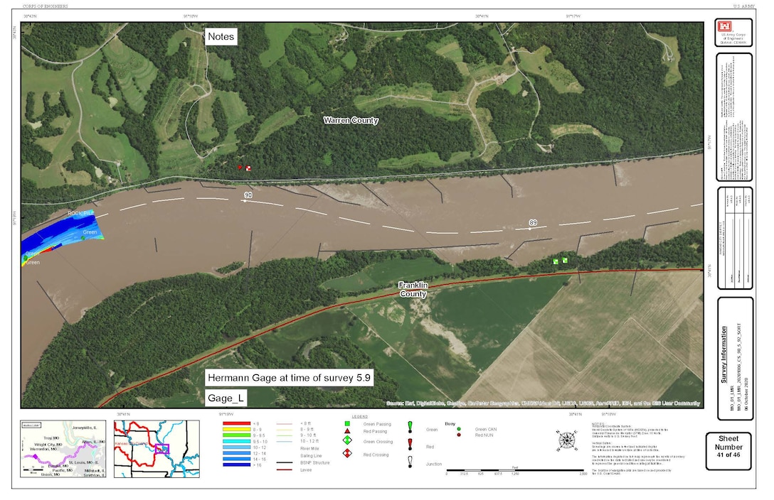 Example of survey results on Missouri River chart compiled on Oct. 6, 2020 and available at https://www.nwk.usace.army.mil/Missions/Civil-Works/Navigation/ [on the right hand side, scroll down the screen]. The surveys are also emailed out to navigators on a distribution list for the daily boat reports. Each survey is titled as to the portion of the river that was surveyed.

You can also put a shortcut on your phone to a web app at: www.nwk.usace.army.mil/navigation which gives shortcuts to the most-use reports relating to the river and our reservoirs including a link to the most recent surveys. Both Apple and Android have our downloadable app for phones or other mobile devices at the appropriate app store. Searc¬h for “USACE Kansas City District”.