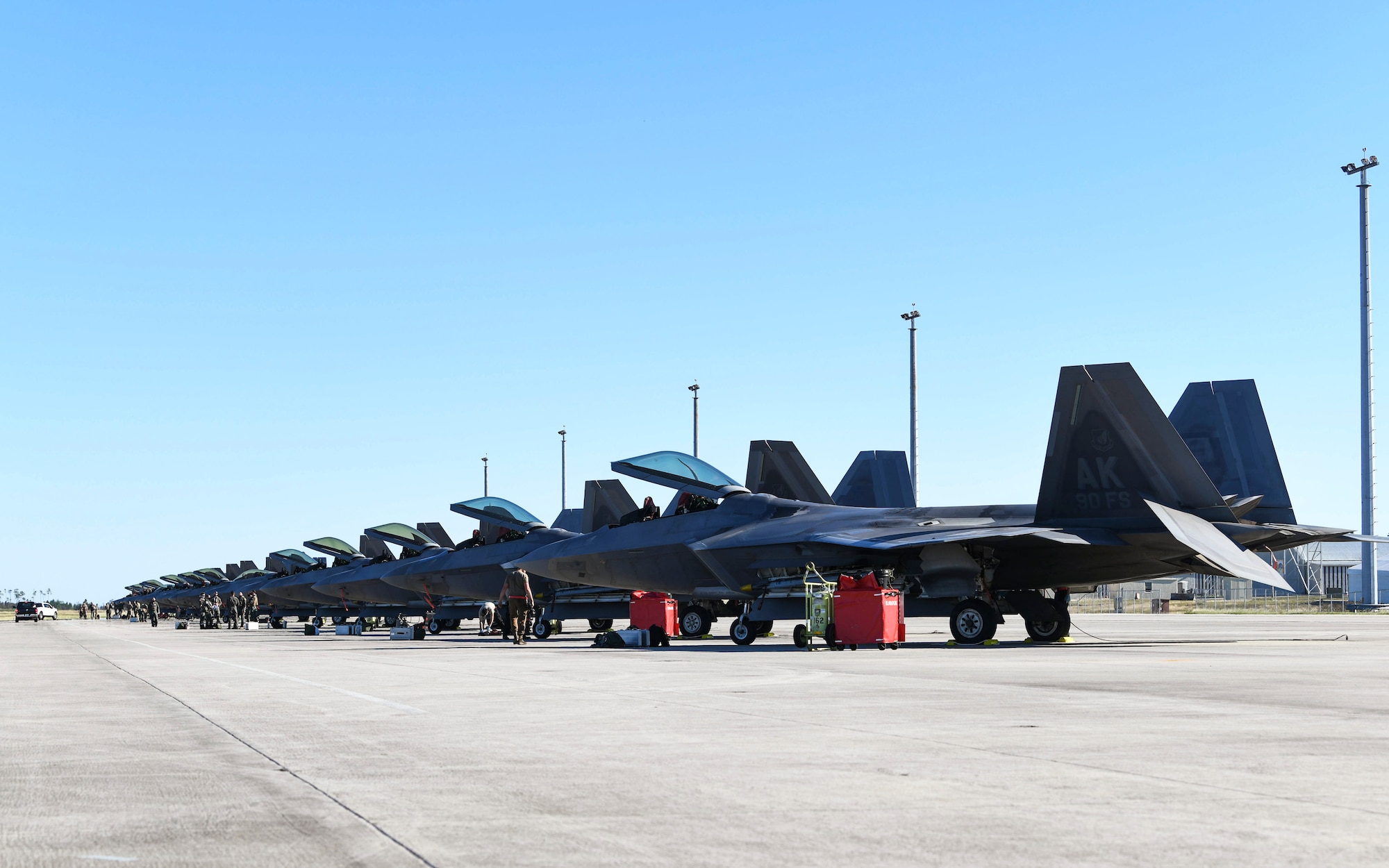 90th Fighter Squadron F-22 Raptors from Joint Base Elmendorf-Richardson, Alaska, undergo post-flight checks at Tyndall Air force Base, Florida, Oct. 30, 2020. JBER sent some of it's F-22s to participate in  Checkered flag 21-1, one of the Department of Defense's largest air-to-air exercises. (U.S. Air force photo by Amn Anabel Del Valle)