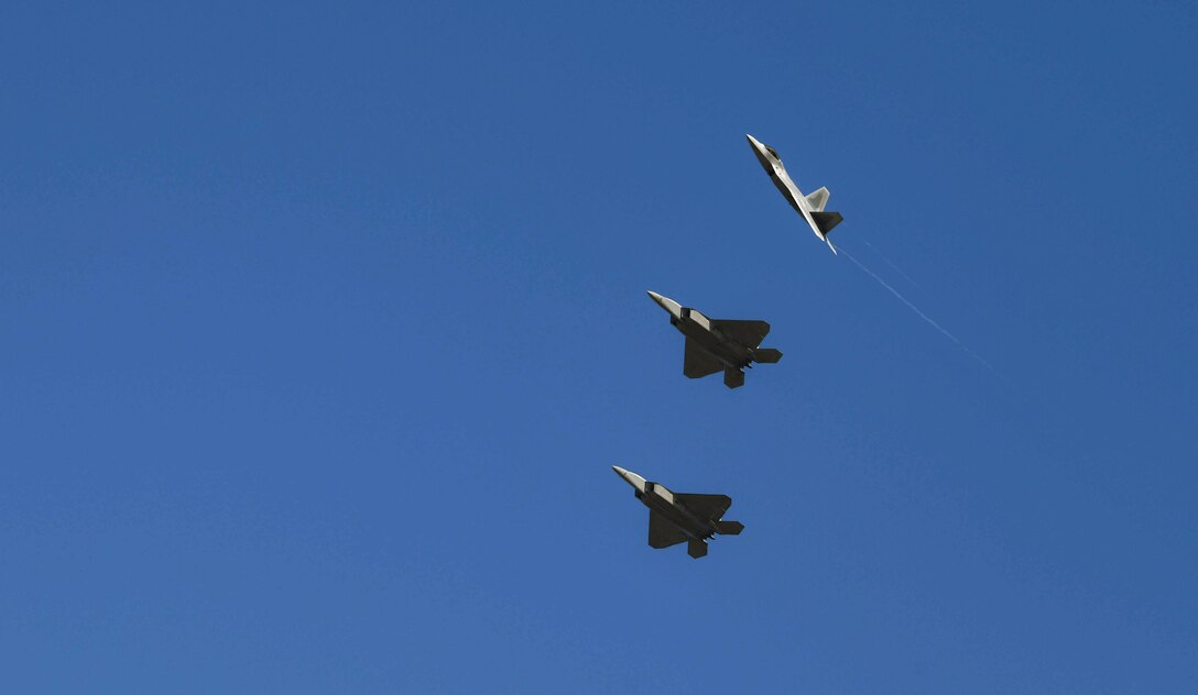 F-22 Raptors from Joint Base Elmendorf-Richardson, Alaska, fly over Tyndall Air Force Base, Florida, Oct. 30, 2020. JBER sent some of it's F-22s to participate in Checkered Flag 21-1, one of the largest air-to-air combat exercises in the Department of Defense. (U.S. Air Force photo by Amn Anabel Del Valle