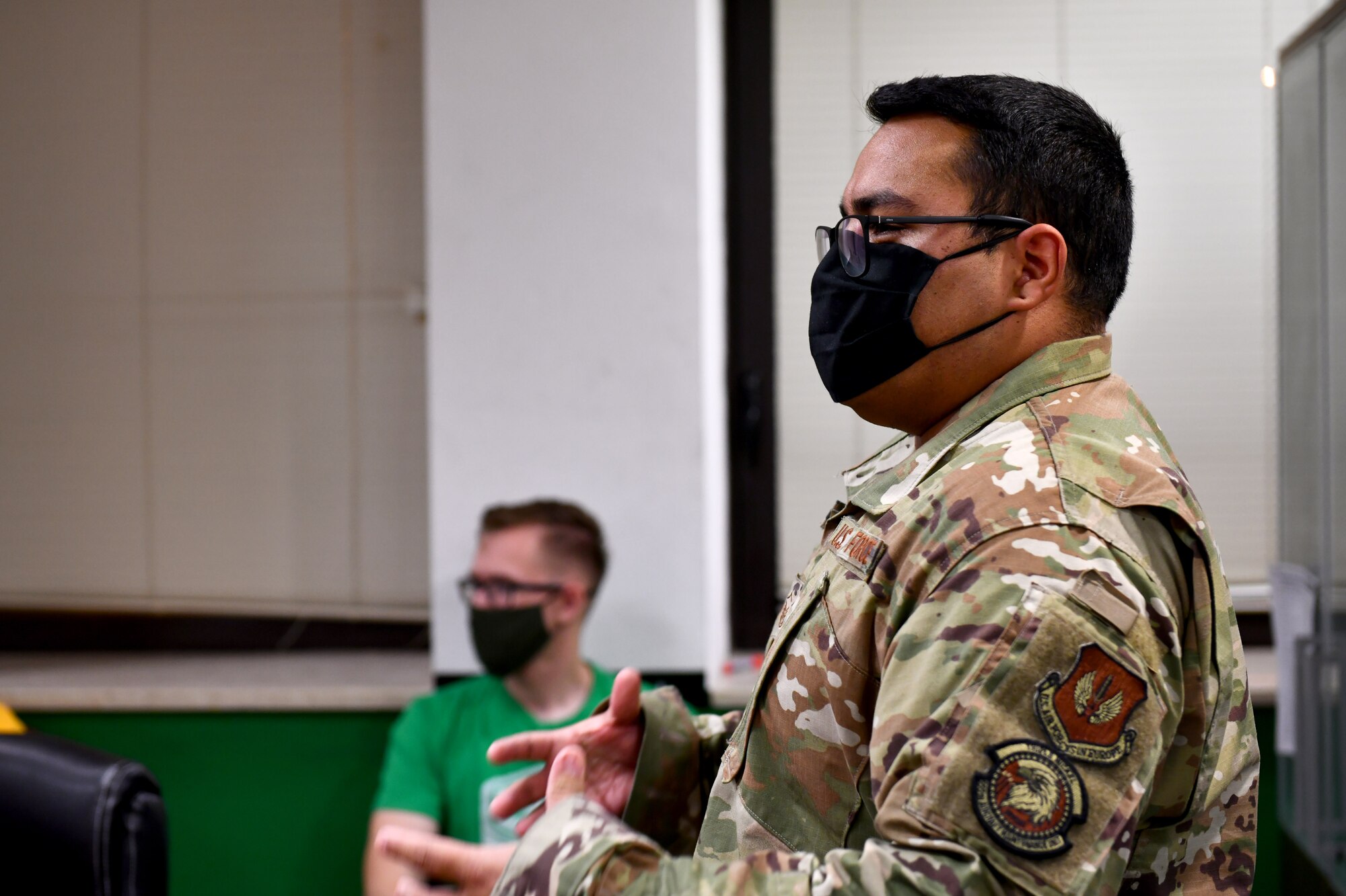 U.S. Air Force Master Sgt. Ricardo Montelongo, 31st Aircraft Maintenance Squadron aircraft section chief, speaks to attendees at an Airman 4 Life briefing at Aviano Air Base, Italy, Oct. 29, 2020. The program aims to not only teach important life skills, but to give back time to the Airmen of the 31st MXG. (U.S. Air Force photo by Staff Sgt. K. Tucker Owen)