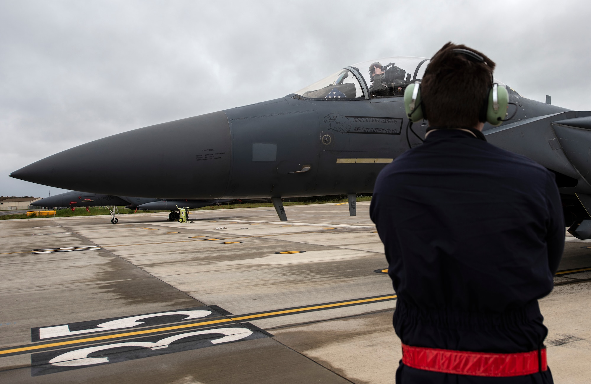 Aircrew assigned to the 494th Fighter Squadron taxi onto the flightline to depart Royal Air Force Lakenheath, England, to Aalborg Air Base, Denmark, Oct. 30, 2020. Agile combat employment within the Baltic airspace and surrounding nations is key to regional defense and stability. Collective training events enhance the ability of NATO forces to work together effectively to fight from varying locations and respond to any threats. (U.S. Air Force photo by Airman 1st Class Jessi Monte)