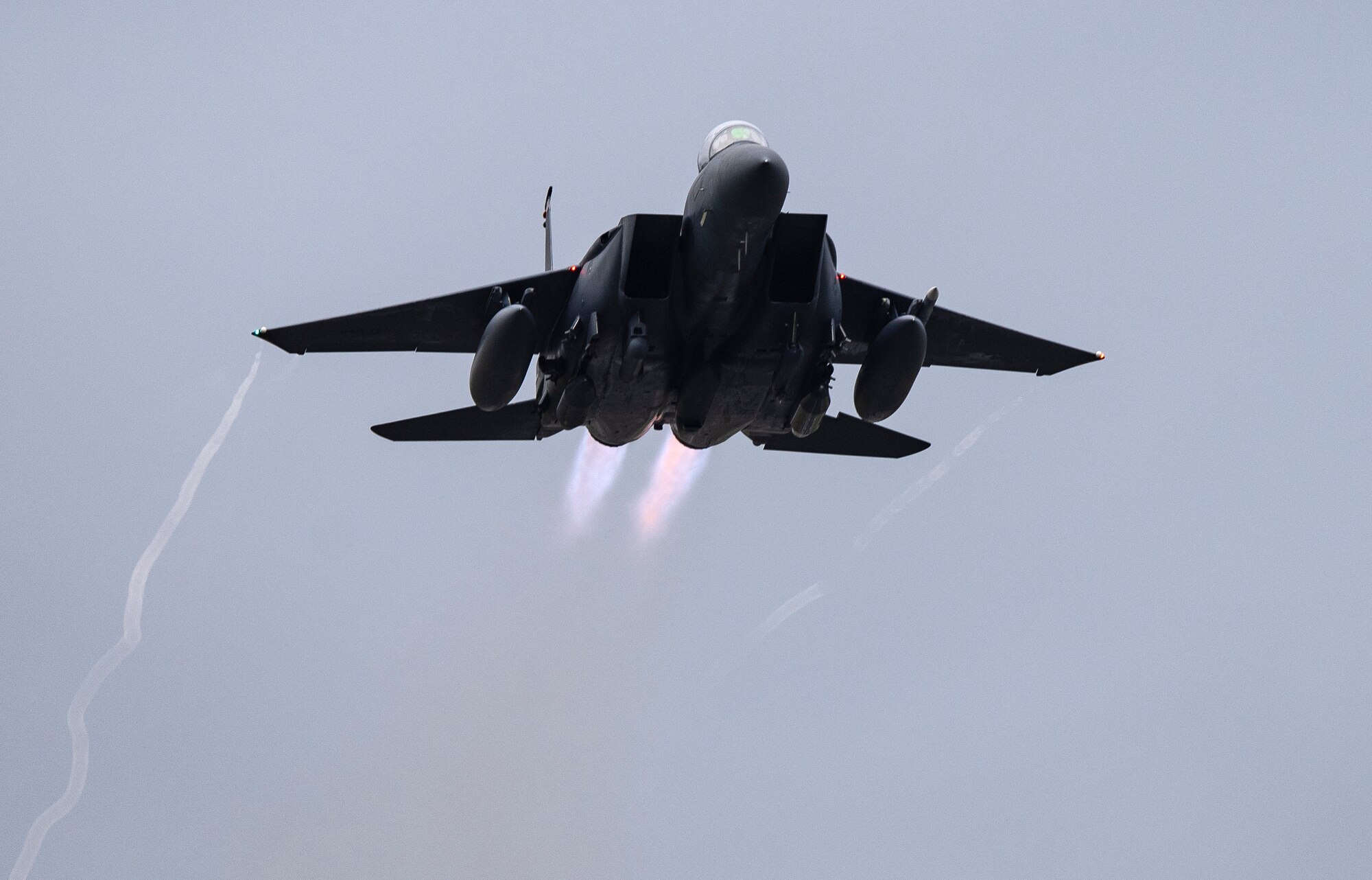 An F-15E Strike Eagle assigned to the 494th Fighter Squadron takes off from Royal Air Force Lakenheath, England, to Aalborg Air Base, Denmark, Oct. 30, 2020. Agile combat employment within the Baltic airspace and surrounding nations is key to regional defense and stability. Collective training events enhance the ability of NATO forces to work together effectively to fight from varying locations and respond to any threats. (U.S. Air Force photo by Airman 1st Class Jessi Monte)