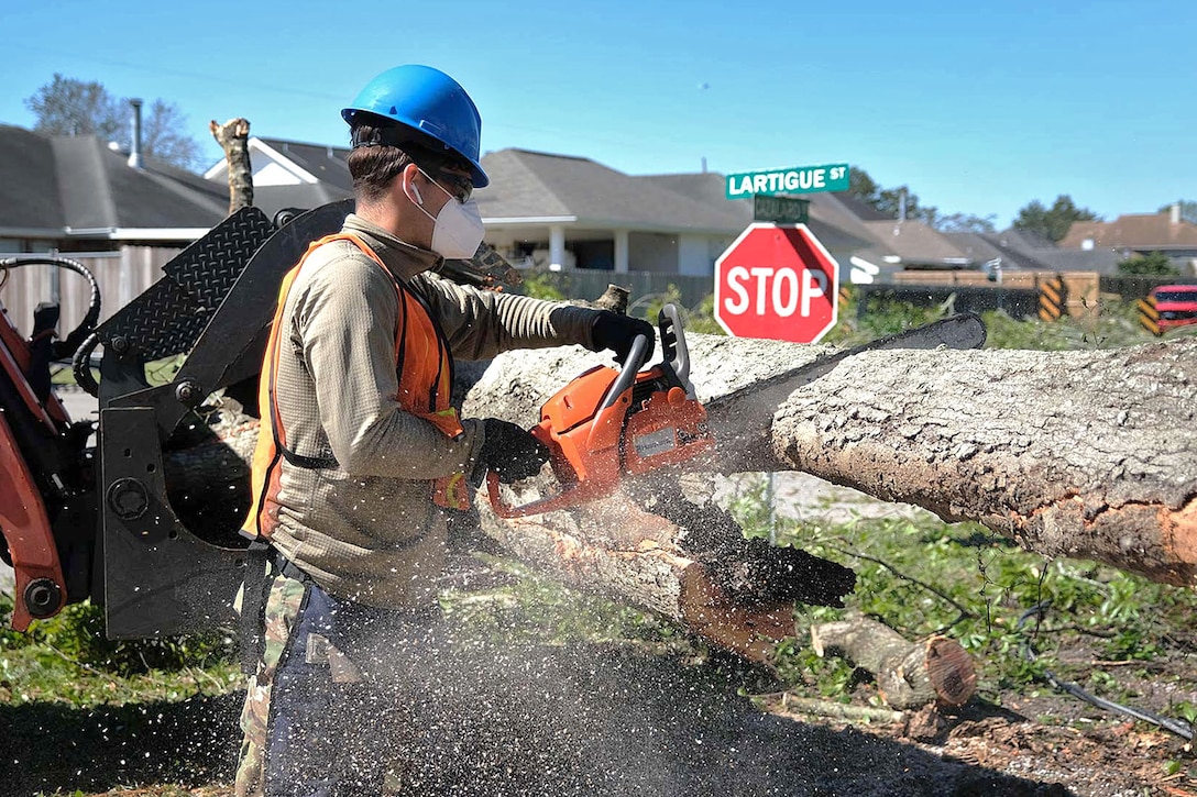 A National Guardsman uses a chainsaw to clear a large tree.