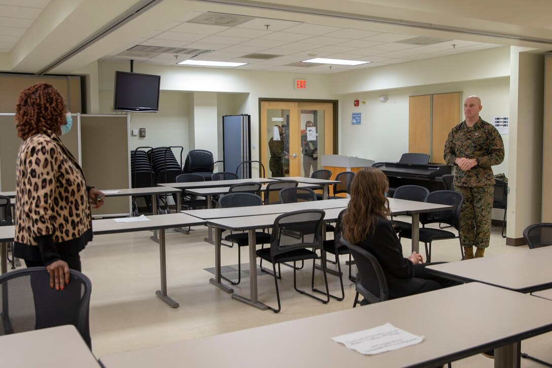 The 19th Sergeant Major of the Marine Corps, Sgt. Maj. Troy E. Black, speaks with the Marine Corps Community Services, Transition Readiness Seminar leadership at Marine Corps Base Quantico, V.A., Nov. 2, 2020. The visit allowed Black to hear directly from the leadership responsible for helping Marines and their families’ transition to life beyond the Corps by providing the resources and tools needed to reach their personal goals. Transitioning out of the Marine Corps is a step every Marine will take be it in four years or in thirty. (U.S. Marine Corps photo by Sgt. Victoria Ross)