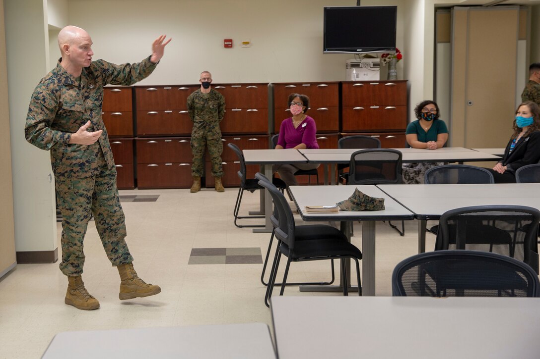 The 19th Sergeant Major of the Marine Corps, Sgt. Maj. Troy E. Black, speaks with the Marine Corps Community Services, Transition Readiness Seminar leadership at Marine Corps Base Quantico, V.A., Nov. 2, 2020. The visit allowed Black to hear directly from the leadership responsible for helping Marines and their families’ transition to life beyond the Corps by providing the resources and tools needed to reach their personal goals. Transitioning out of the Marine Corps is a step every Marine will take be it in four years or in thirty. (U.S. Marine Corps photo by Sgt. Victoria Ross)