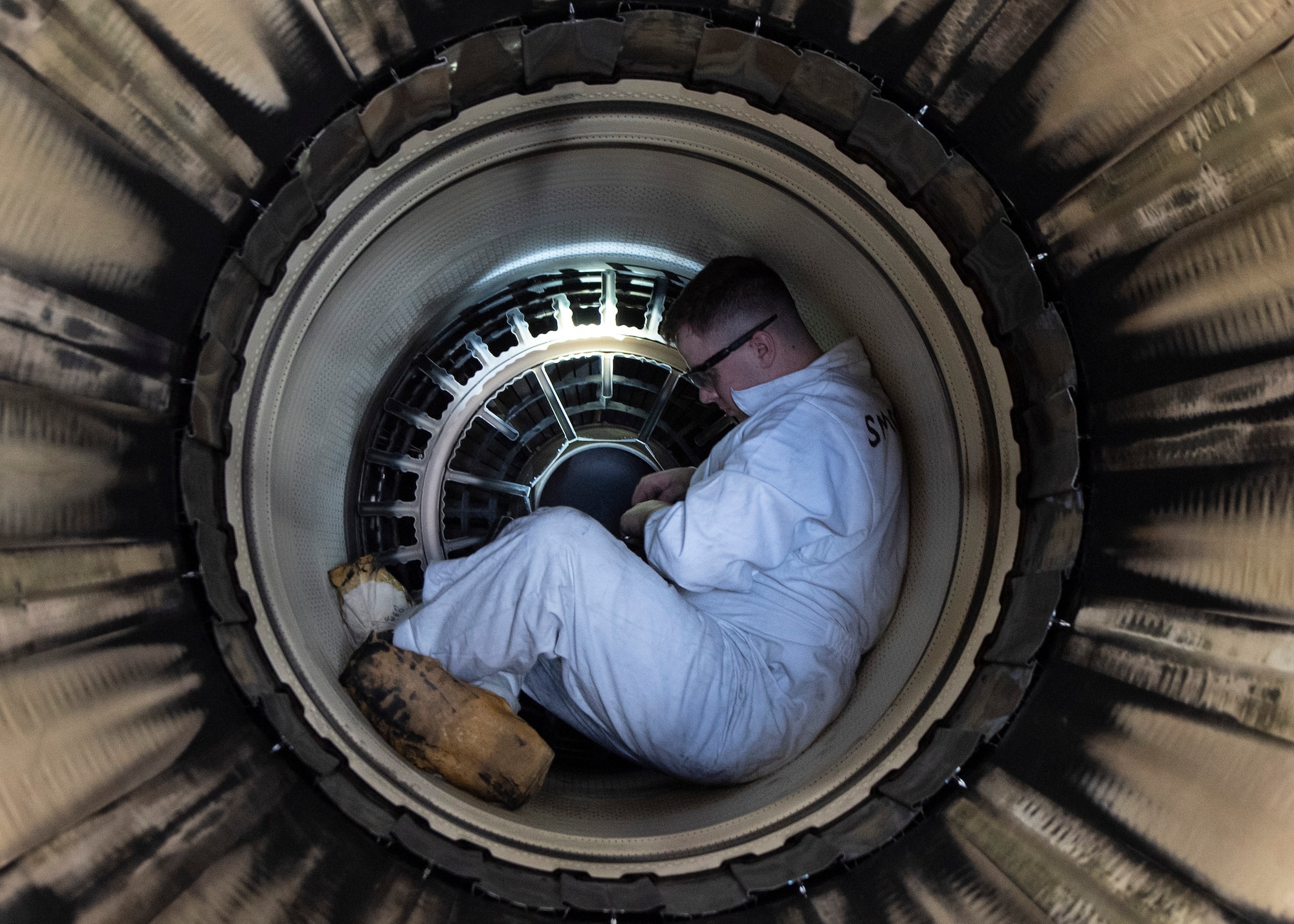 Airman 1st Class Johnathan Jenkins, 4th Component Maintenance Squadron aerospace propulsion apprentice, performs an augmented inspection on an F-15E Strike Eagle at Seymour Johnson Air Force Base, North Carolina, Oct. 28, 2020.