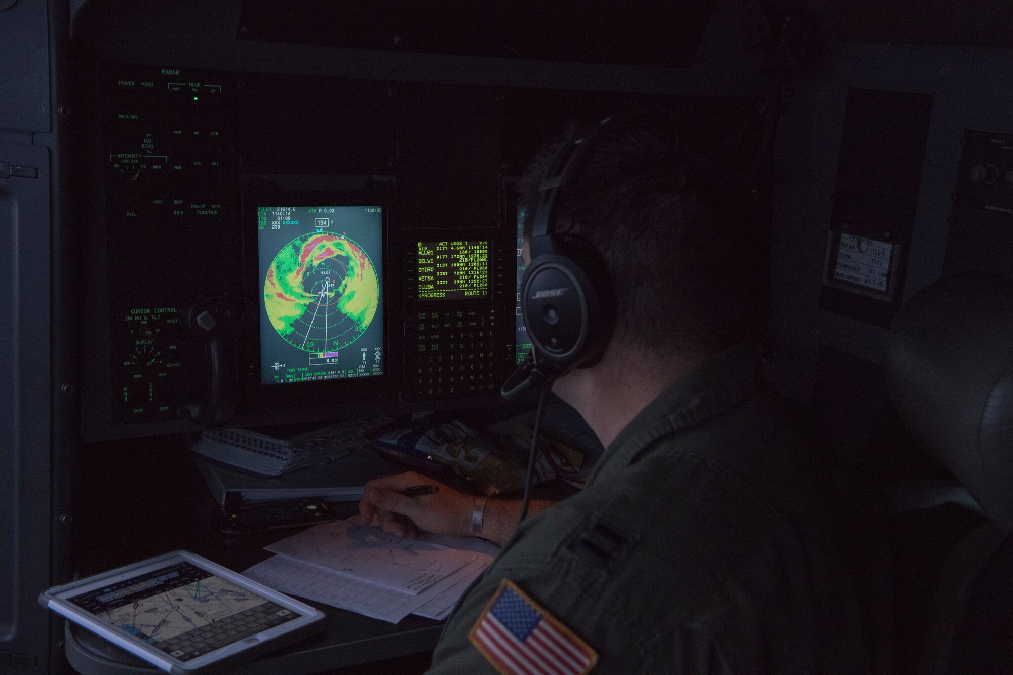 Capt. Steve Bichsel, navigator for the 53rd Weather Reconnaissance Squadron at Keesler Air Force Base, Miss., monitors the radar as his crew flies into the eye of Hurricane Eta November 3, 2020. Eta made landfall in WHERE, Nicaragua as a major hurricane shortly after the flight. (U.S. Air Force photo by Senior Airman Kristen Pittman)