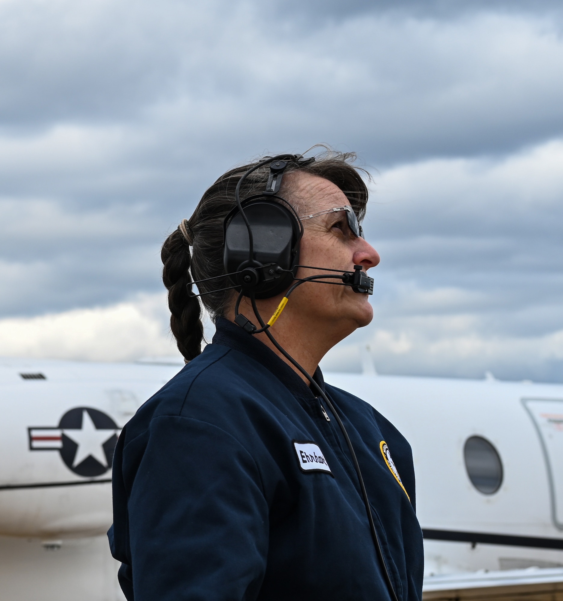 Jackie Ehrhart, M1 Support Services T-1A Jayhawk mechanic, inspects a horizontal stabilizer on Oct. 29, 2020, at Columbus Air Force Base, Miss. The T-1A is a medium-range, twin-engine jet trainer used in the advanced phase of specialized undergraduate pilot training for students selected to fly airlift or tanker aircraft. (U.S. Air Force photo by Airman 1st Class Davis Donaldson)