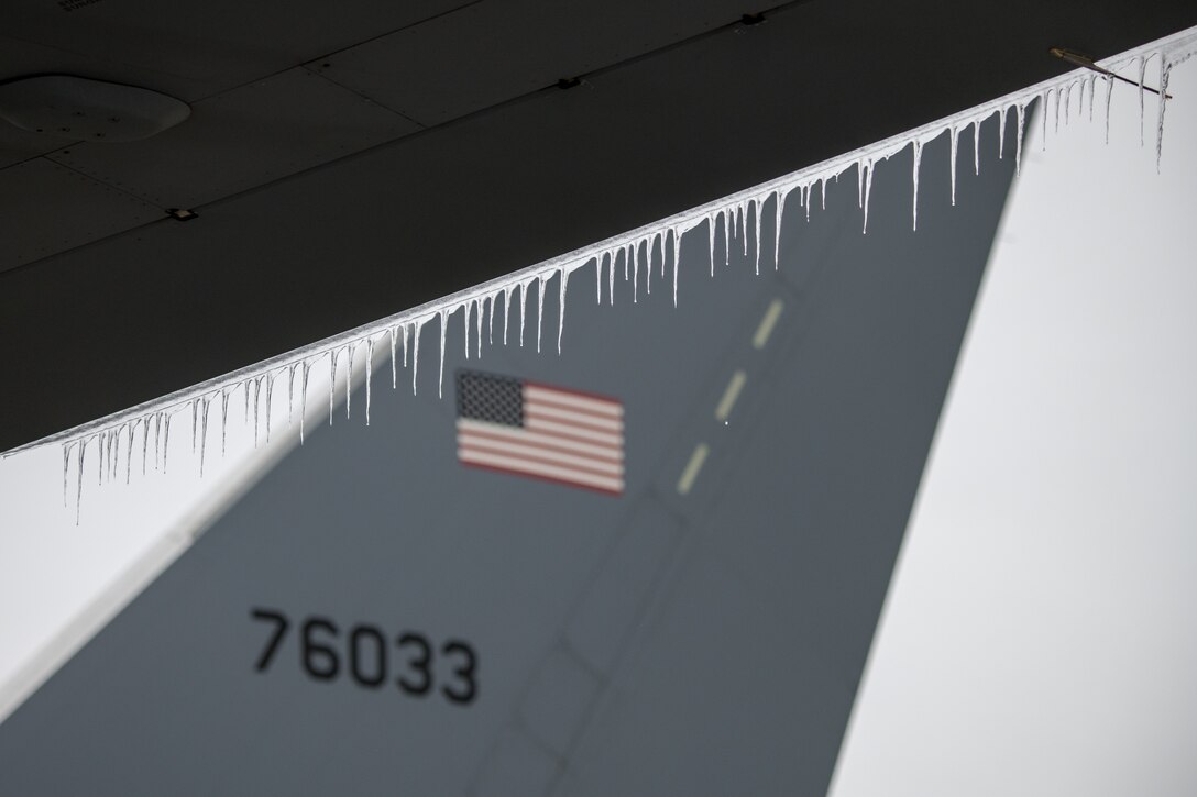 Ice builds up on the wing of a KC-46A Pegasus Oct. 28, 2020, at McConnell Air Force Base, Kansas. Accumulated ice poses many problems in aircraft operations.
