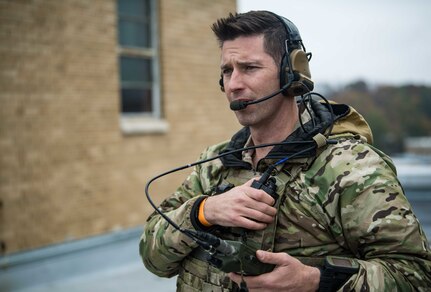 Tech. Sgt. Jeremy Miter, a 274th Air Support Operations Squadron joint terminal attack controller, controls aircraft during Exercise Bold Quest 20.2 at Muscatatuck Urban Training Center near Butlerville, Indiana, Oct. 28, 2020. Led by the Joint Staff, Bold Quest is a multinational exercise that demonstrates a joint capability to link sensors to shooters across air, land, sea, space and cyberspace.