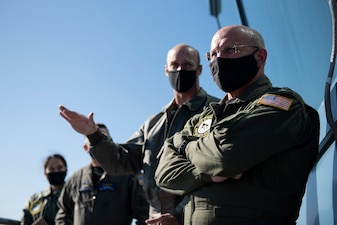 NAVAL AIR STATION PATUXENT RIVER, Md. (Nov. 3, 2020) Chief of Naval Operations (CNO) Adm. Mike Gilday is briefed atop the air operations tower during a tour of Naval Air Station Patuxent River. (U.S. Navy photo by Mass Communication Specialist 1st Class Raymond D. Diaz III/Released)