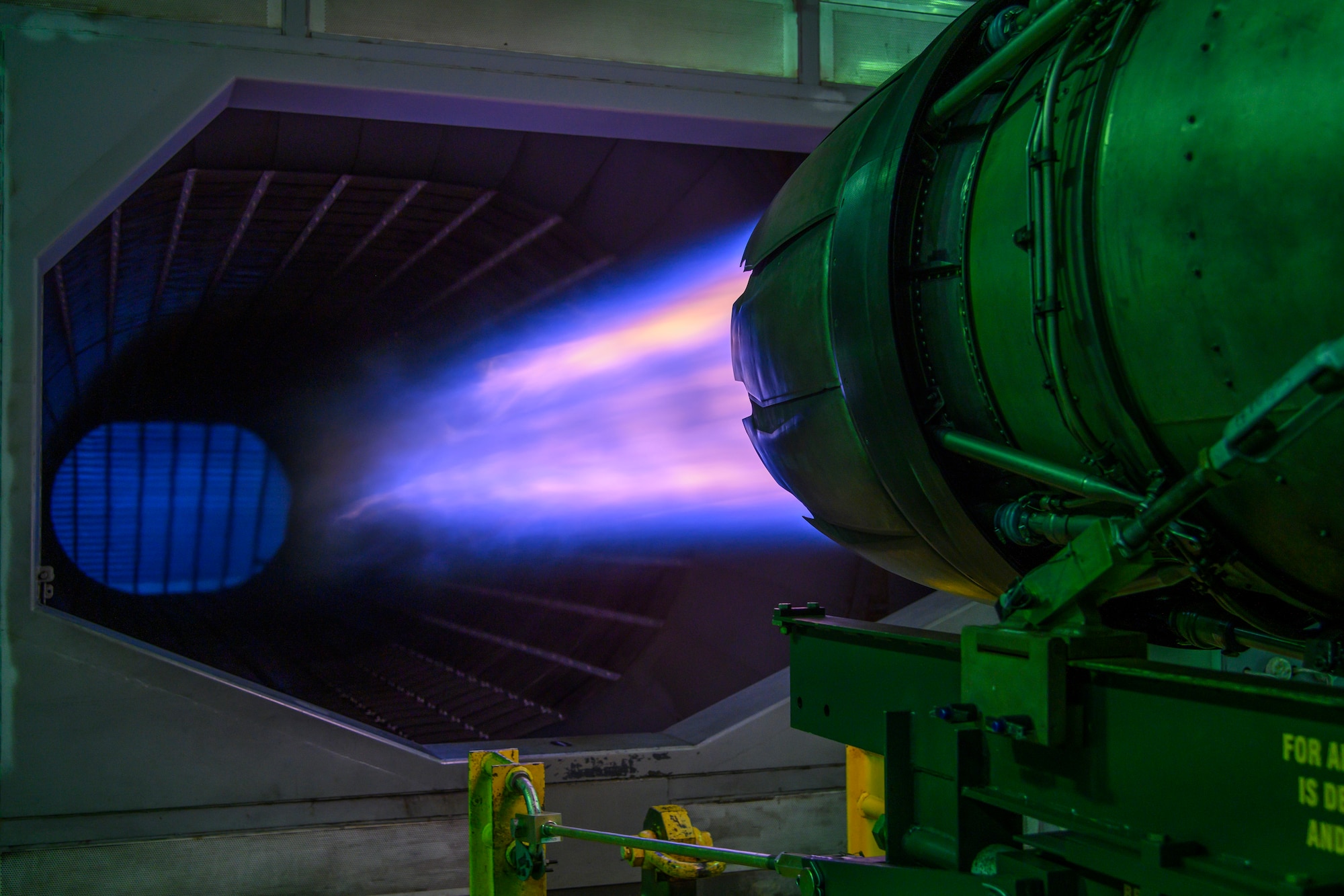 An F-16 Fighting Falcon engine runs at full afterburner at Misawa Air Force Base, Japan, Sept. 29, 2020. The 35th Maintenance Squadron aerospace propulsion test cell Airmen are the last line of defense before an engine goes back into an aircraft, ensuring F-16 engine units are safe and ready for flight. (U.S. Air Force photo by Airman 1st Class China M. Shock)