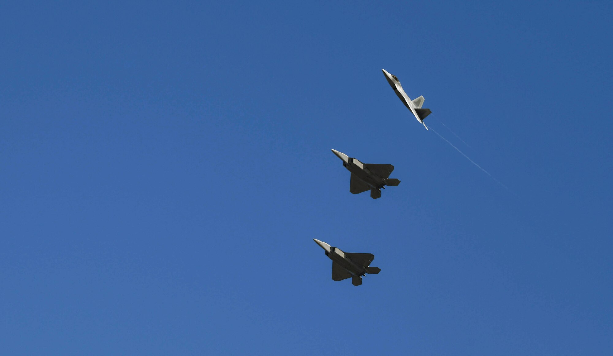 F-22 Raptors from Joint Base Elmendorf-Richardson, Alaska, fly over Tyndall Air Force Base, Florida, Oct. 30, 2020. JBER sent some of it's F-22s to participate in Checkered Flag 21-1, one of the largest air-to-air combat exercises in the Department of Defense. (U.S. Air Force photo by Amn Anabel Del Valle