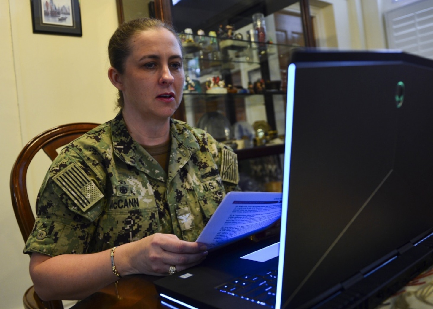 SINGAPORE (Nov. 4, 2020) -- Capt. Ann McCann, commodore of Destroyer Squadron 7, speaks to participants during a virtual opening ceremony for Cooperation Afloat Readiness and Training (CARAT) Bangladesh 2020. This year marks the 26th iteration of CARAT, a multinational exercise designed to enhance U.S. and partner navies' abilities to operate together in response to traditional and non-traditional maritime security challenges in the Indo-Pacific region.