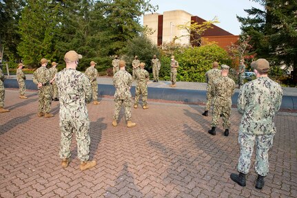 SILVERDALE, Wash. (Sept. 30, 2020) Rear Adm. Blake Converse, commander, Submarine Force, U.S. Pacific Fleet, speaks to the gold crew of USS Nebraska (SSBN 739), after presenting them with The Arleigh Burke Fleet Trophy, Sept. 30.