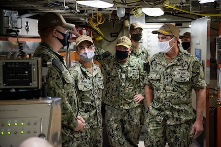 SILVERDALE, Wash. (Sept. 30, 2020) Rear Adm. Blake Converse, commander, Submarine Force, U.S. Pacific Fleet, speaks with Lt. j.g. Greg Bowman, from Norfolk, Virginia, assistant weapons officer, USS Nevada (SSBN 733) during a tour, Sept. 30.