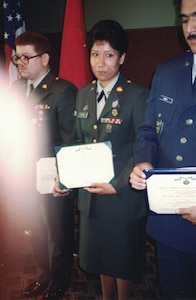 Army Spc. Mary Lohnes, receiving a Joint Service Achievement Medal for her service in the Netherlands with U.S. Air Force Central Command (AFCENT).