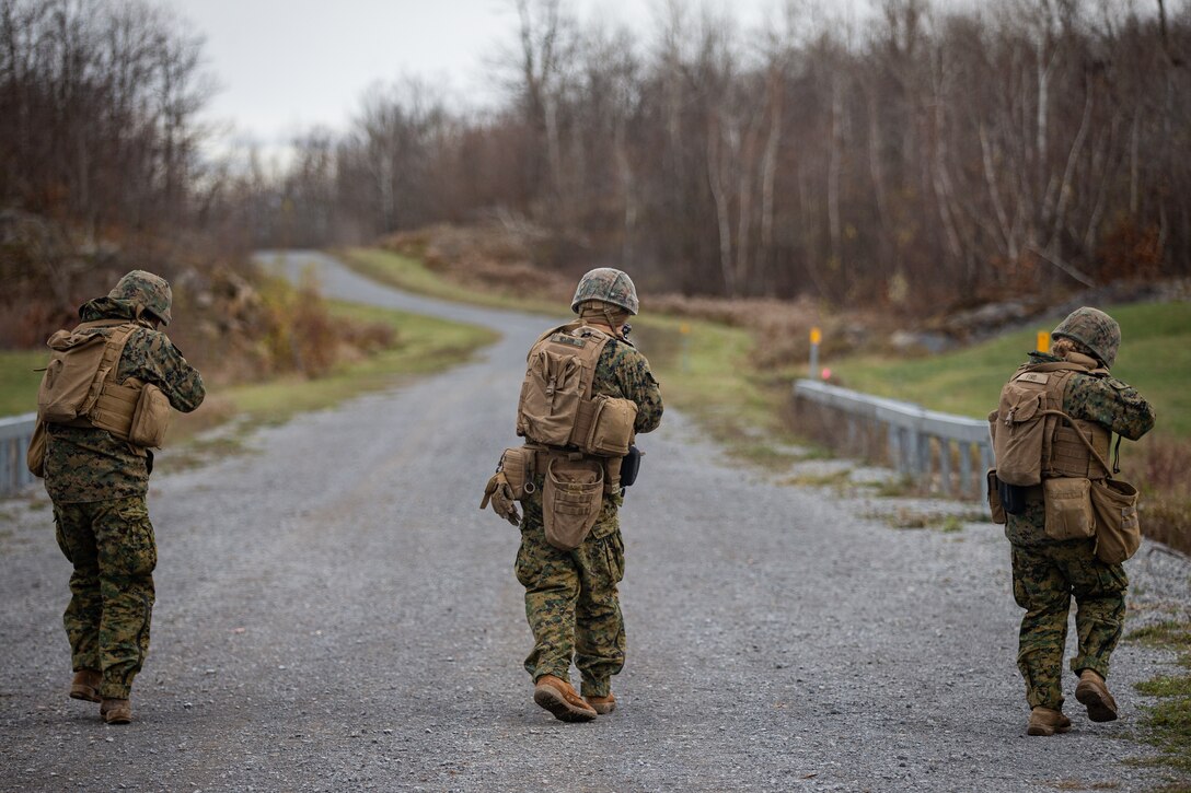 U.S. Marines cross over a bridge while combat gliding during a team immediate action drill range as a part of MEFEX 21.1 on Fort Drum, N.Y., Nov. 3.