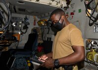 Airman 1st Class Markery Flerisma, a C-17 Globemaster III loadmaster assigned to the 15th Airlift Squadron, conducts pre-flight preparations before a deployment swap to Al Udeid Air Base, Qatar, at Joint Base Charleston, S.C., Oct. 28, 2020. Airmen assigned to the 15th AS replaced Airmen assigned to the 16th AS, who were returning home after a 90-day deployment. Both squadrons fly and operate C-17s assigned to the 437th Airlift Wing.