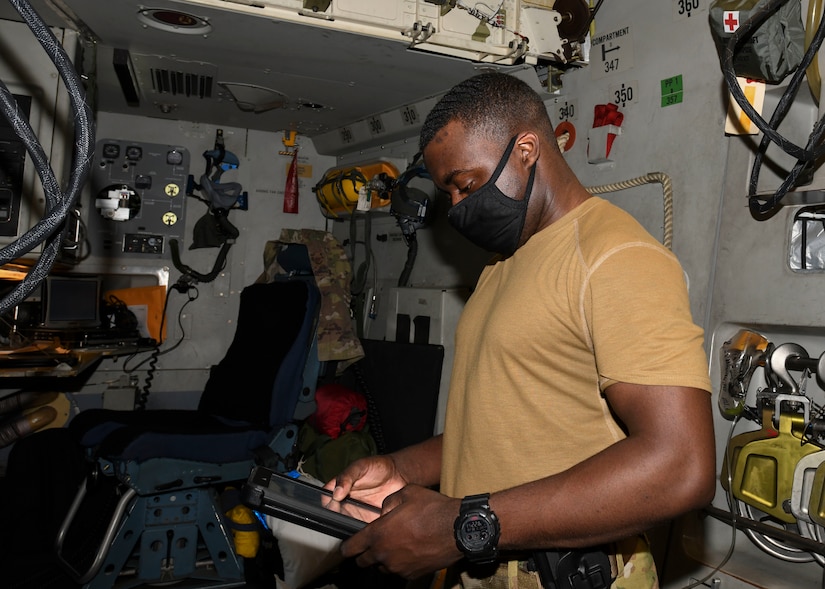 Airman 1st Class Markery Flerisma, a C-17 Globemaster III loadmaster assigned to the 15th Airlift Squadron, conducts pre-flight preparations before a deployment swap to Al Udeid Air Base, Qatar, at Joint Base Charleston, S.C., Oct. 28, 2020. Airmen assigned to the 15th AS replaced Airmen assigned to the 16th AS, who were returning home after a 90-day deployment. Both squadrons fly and operate C-17s assigned to the 437th Airlift Wing.