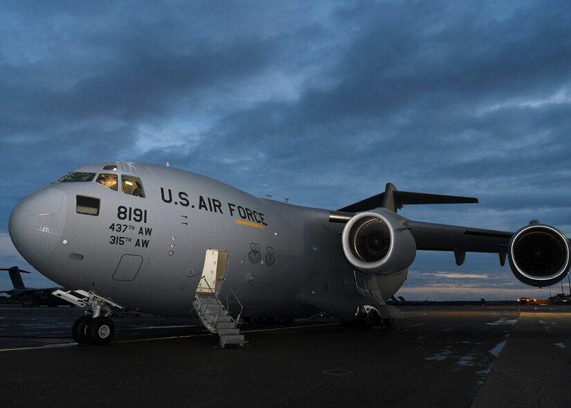 A C-17 Globemaster III aircraft is staged for takeoff in preparation for a deployment swap to Al Udeid Air Base, Qatar, at Joint Base Charleston, S.C. Oct. 28, 2020. During the swap, Airmen assigned to the 15th Airlift Squadron replaced Airmen assigned to the 16th AS, who were returning home after a 90-day deployment. Both squadrons fly and operate C-17 Globemaster IIIs assigned to the 437th Airlift Wing.
