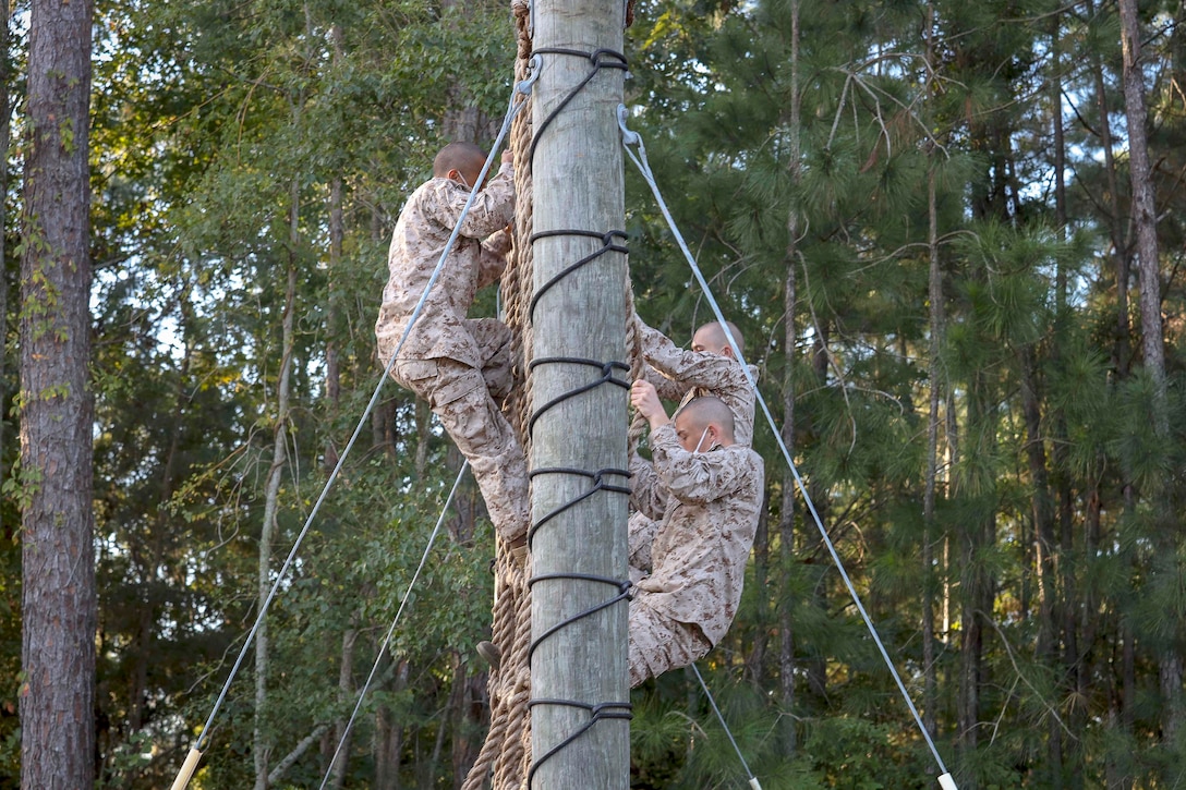 A group of Marines climb a rope ladder.