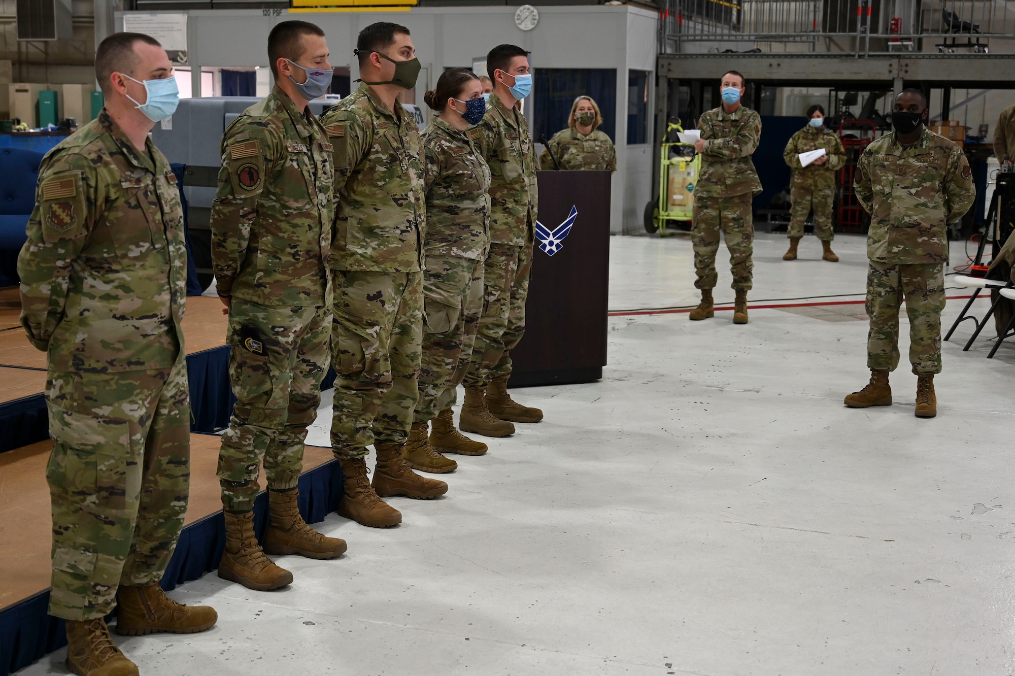 U.S. Air Force Chief Master Sgt. Maurice Williams, command chief master sergeant of the Air National Guard, recognizes star performers of the 126th Air Refueling Wing at an enlisted all-call during his visit to the wing at Scott Air Force Base, Illinois, Oct. 27, 2020.