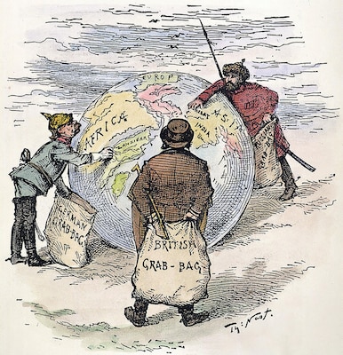 Figure 2.2. Germany, Britain, and Russia in Pursuit of Colonies.
Source: Thomas Nast, “The World’s Plunderers: Germany,
England, and Russia Grab What They Can of Africa and Asia,”
Harper’s Weekly, 1885 (Sarin Images/Granger).