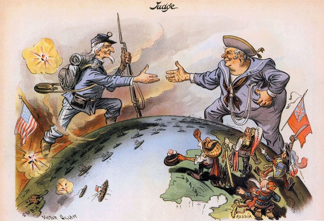 Figure 2.3. U.S. and UK Rapprochement—Uncle Sam and John Bull Shake Hands. Source: Victor Gillam, “Hands across the Sea,” Judge, June 11, 1898.