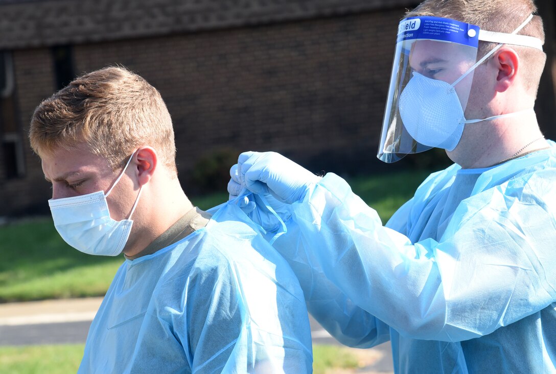 Virginia National Guard Soldiers and Airmen assist with a drive-thru COVID-19 testing event run by the Virginia Department of Health Chesterfield Health District Oct. 7, 2020, in Chesterfield County, Virginia.