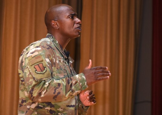 U.S. Air Force Col. James Finlayson, 17th Training Wing vice commander, addresses the 17th TRW during the awards ceremony for the third quarter at the Base Theater on Goodfellow Air Force Base, Texas, Oct. 29, 2020. Finlayson recognized the efforts of each individual and gave words of encouragement. (U.S. Air Force photo by Airman 1st Class Ethan Sherwood)