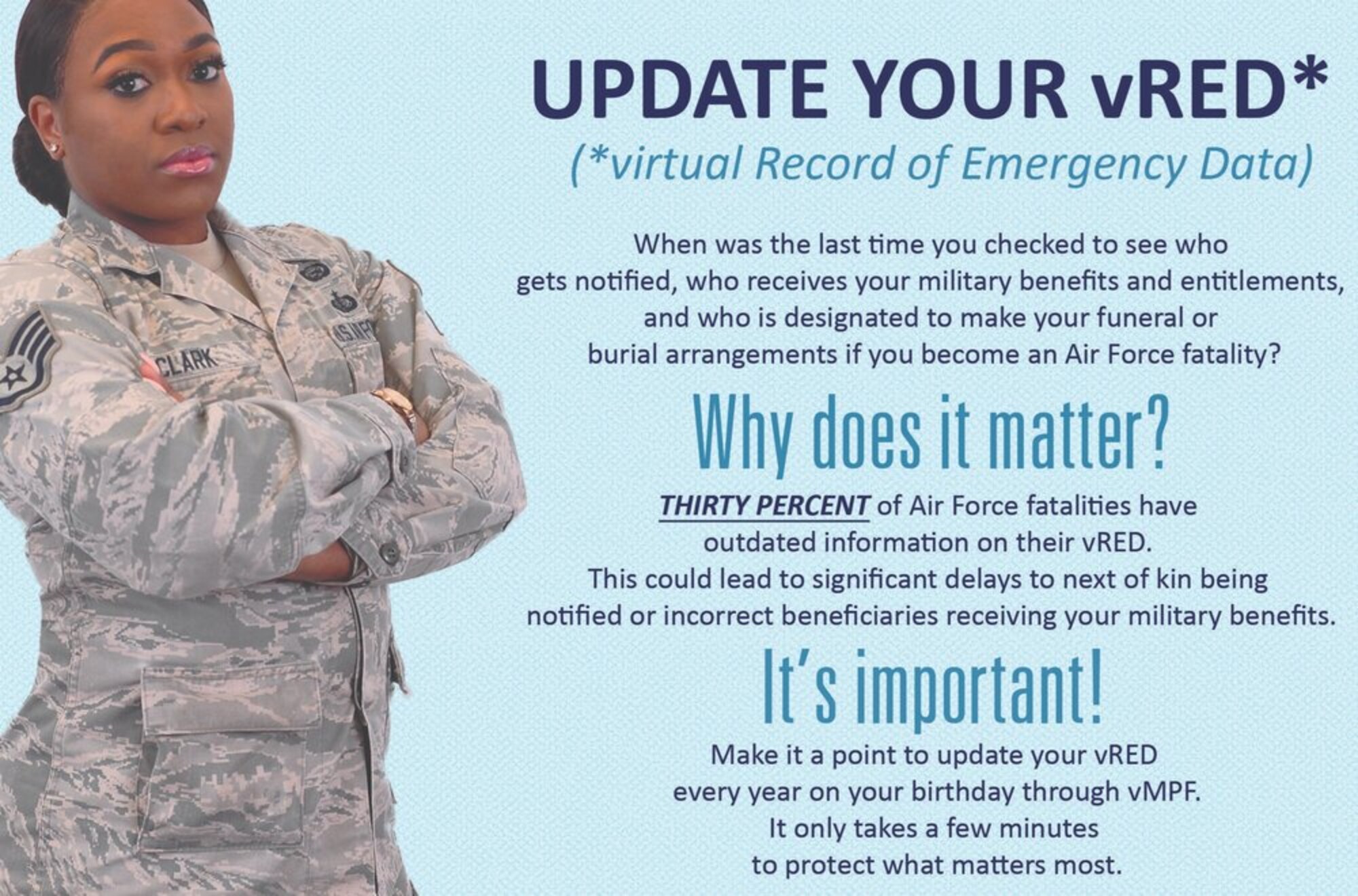 Airmen are reminded to review such items as their virtual record of emergency data, or vRED, and other personal information every year on myPers.