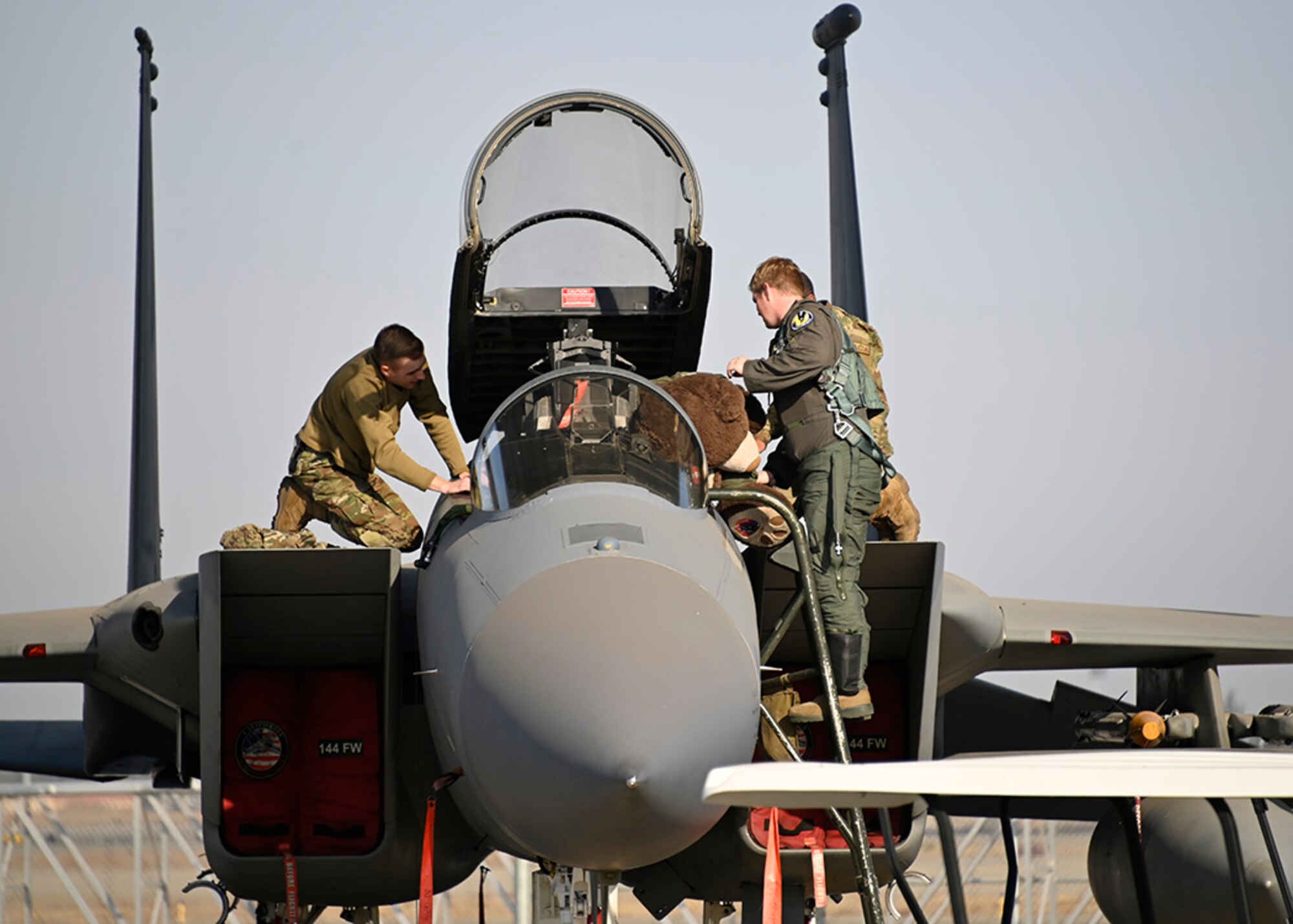 Airmen from the California Air National Guard's 144th Fighter Wing depart for Tyndall Air Force Base, FL to participate in Checkered Flag 21-1. The event is the DoD's largest fighter exercise designed to integrate fourth and fifth-generation aircraft to enhance mobility, deployment, and employment capabilities of Air Force aviators and maintainers. (Air National Guard photo by Master Sgt. Charles Vaughn)