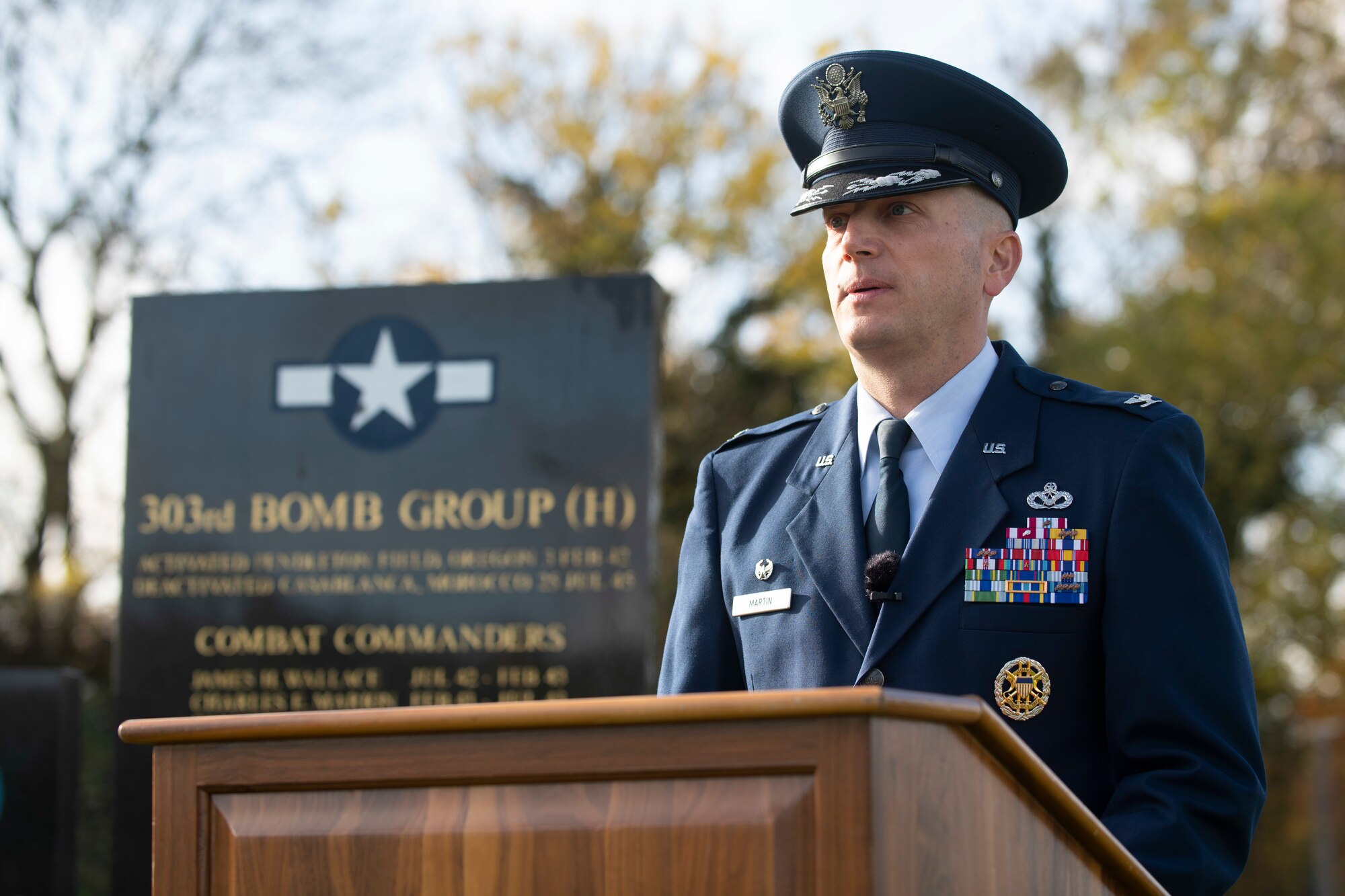 U.S. Air Force Col. Richard Martin, 423rd Air Base Group commander, speaks during a Remembrance Sunday ceremony at the 303rd Bombardment Group memorial monument at RAF Molesworth, England, Nov. 3, 2020. Remembrance Sunday is commemorated the second Sunday every November to honor the service and sacrifice of Armed Forces, British and Commonwealth veterans, as well as the Allies that fought alongside them in the two World Wars and later conflicts. (U.S. Air Force photo by Senior Airman Jennifer Zima)