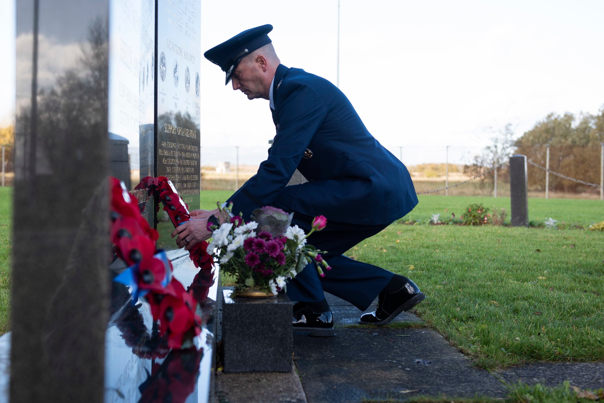 U.S. Air Force Col. Richard Martin, 423rd Air Base Group commander, lays a wreath during a Remembrance Sunday ceremony at the 303rd Bombardment Group memorial monument at RAF Molesworth, England, Nov. 3, 2020. Remembrance Sunday is commemorated the second Sunday every November to honor the service and sacrifice of Armed Forces, British and Commonwealth veterans, as well as the Allies that fought alongside them in the two World Wars and later conflicts. (U.S. Air Force photo by Senior Airman Jennifer Zima)