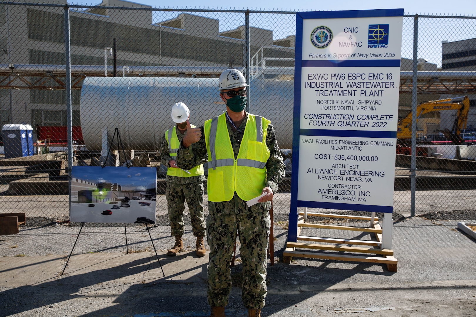 Commander, Norfolk Naval Shipyard (NNSY), RDML Howard Markle, addressed contractors and the NNSY workforce during a groundbreaking ceremony for a new Industrial Wastewater Treatment Plant (IWTP) Nov. 4. The IWTP is part of an Energy Savings Performance Contract (ESPC) that will provide critical energy and infrastructure upgrades and improve energy efficiency at NNSY. This project is a part of the Shipyard Infrastructure Optimization Program (SIOP), a 20-year, $21 billion program dedicated to completely refurbishing the nation’s four public shipyards by modernizing equipment, improving workflow and upgrading dry docks and facilities.