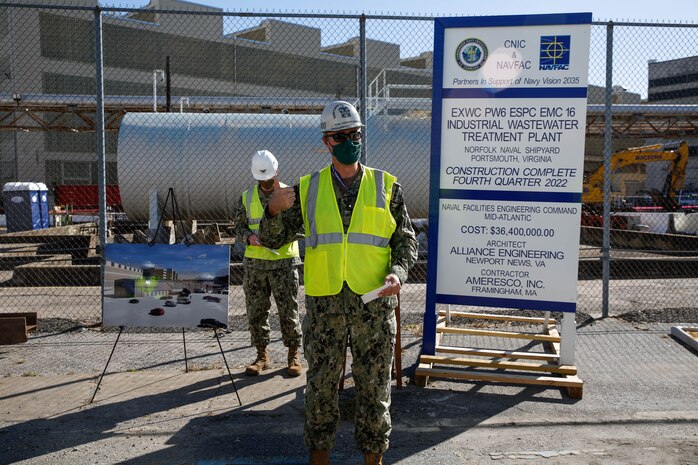 Commander, Norfolk Naval Shipyard (NNSY), RDML Howard Markle, addressed contractors and the NNSY workforce during a groundbreaking ceremony for a new Industrial Wastewater Treatment Plant (IWTP) Nov. 4. The IWTP is part of an Energy Savings Performance Contract (ESPC) that will provide critical energy and infrastructure upgrades and improve energy efficiency at NNSY. This project is a part of the Shipyard Infrastructure Optimization Program (SIOP), a 20-year, $21 billion program dedicated to completely refurbishing the nation’s four public shipyards by modernizing equipment, improving workflow and upgrading dry docks and facilities.