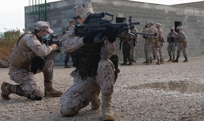 201029-N-JN605-197 SAN FERNANDO, Spain (Oct. 29, 2020) Marines with 3rd Company, 1st Battalion of the Spanish Marine Brigade conduct building clearing training during joint exercise Lisa Azul in San Fernando, Spain, Oct. 29, 2020. Lisa Azul is a joint nation exercise between the U.S. and Spanish expeditionary forces designed to strengthen capabilities and interoperability through information exchanges and combined operations. FASTEUR is a Task Group under Navy Expeditionary Combat Forces Europe-Africa/Task Force 68, deployed to conduct crisis-response and theater-security operations in Europe and Africa. (U.S. Navy photo by Mass Communication Specialist 1st Class Petty Officer Jamica Johnson /released)