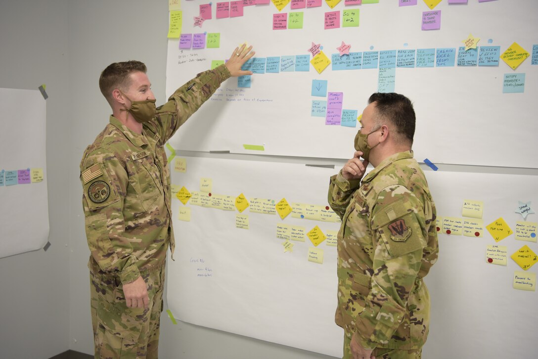 Two men in uniform pointing at board full of sticky notes
