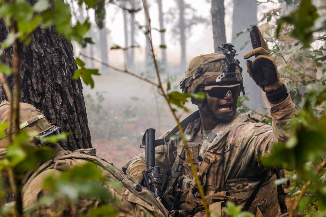 A soldier dressed in camouflage points his finger in a forest-like area.