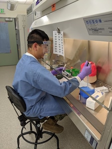 Alaska Air National Guard Capt. Roger Tran, the Nuclear Medical Science Officer for the 103rd Civil Support team, tests COVID-19 samples at the Alaska State Public Health laboratory on June 8, 2020. From early June, to mid-August, Tran augmented the Alaska State Public Health laboratory, working closely with state microbiologists, processing COVID-19 samples for testing. Over the course of approximately 21 days of testing, totaling more than 148-man hours, the two officers tested 11,426 samples. (U.S. Army National Guard courtesy photo by Capt. Jamie Bowden)