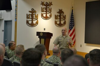 190513-N-CB398-006 NEWPORT, R.I. (May 13, 2019) Master Chief Petty Officer of the Navy Russell Smith speaks to students of U.S. Navy Senior Enlisted Academy (SEA), class 223, onboard Naval Station Newport, Rhode Island, May 13. The SEA is the Navy's only professional military education institution dedicated to senior enlisted personnel that develops agile, adaptive military professionals who inspire their teams to perform at higher levels. (U.S. Navy photo by Mass Communication Specialist 2nd Class Zachary Allan)