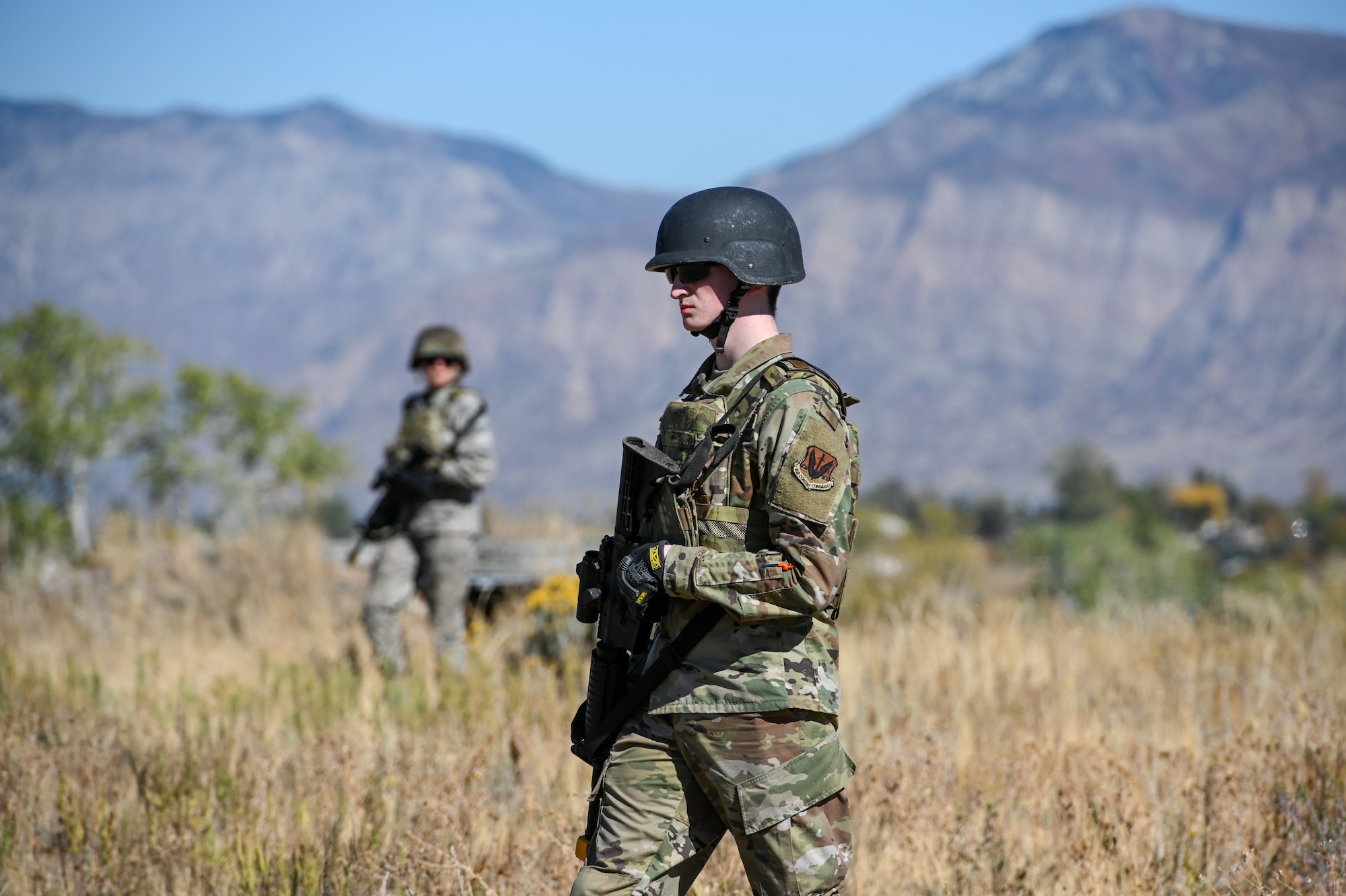 Airman Ahren Harris, 729th Air Control Squadron, practice tactical marching during a Deployment Initial Readiness Training, or DIRT, exercise as part of a simulated defensive scenario Oct. 21, 2020, at Hill Air Force Base, Utah. Airmen from 729th ACS, along with their sister unit 726th ACS from Mountain Home, Idaho, participated in the 48-hour training exercise where they were taught deployment readiness skills. (U.S. Air Force photo by Cynthia Griggs)