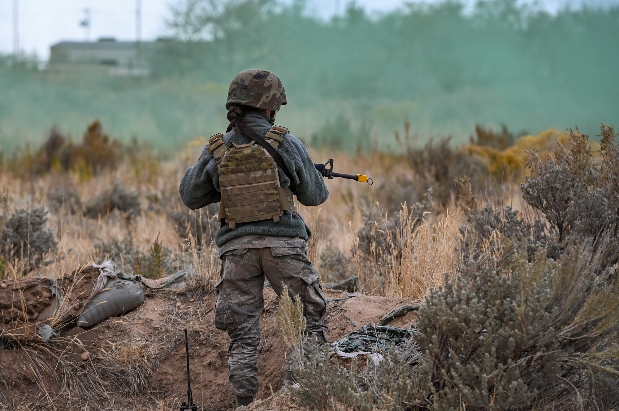 Airman 1st Class Stephanie Ferrara, 726th Air Control Squadron from Mountain Home, Idaho, helps set up a defensive perimeter during a Deployment Initial Readiness Training, or DIRT, exercise Oct. 22, 2020, at Hill Air Force Base, Utah. Airmen from 729th ACS, along with their sister unit 726th ACS, participated in the 48-hour training exercise where they were taught deployment readiness skills. (U.S. Air Force photo by Cynthia Griggs)